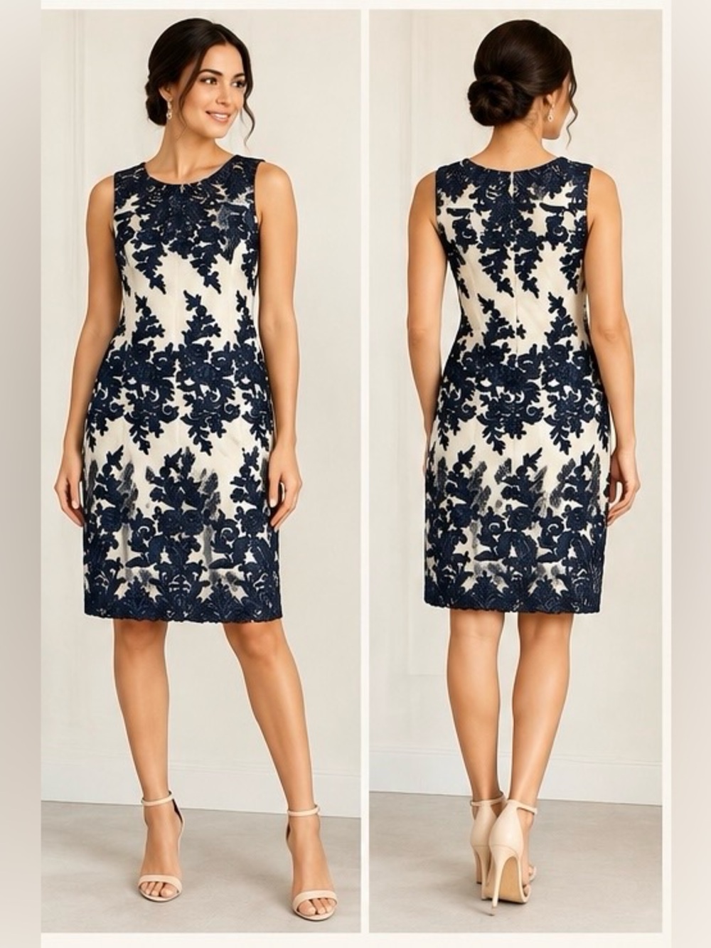 ANTONIO MELANI Navy Embroidered Floral Sleeveless Dress on White